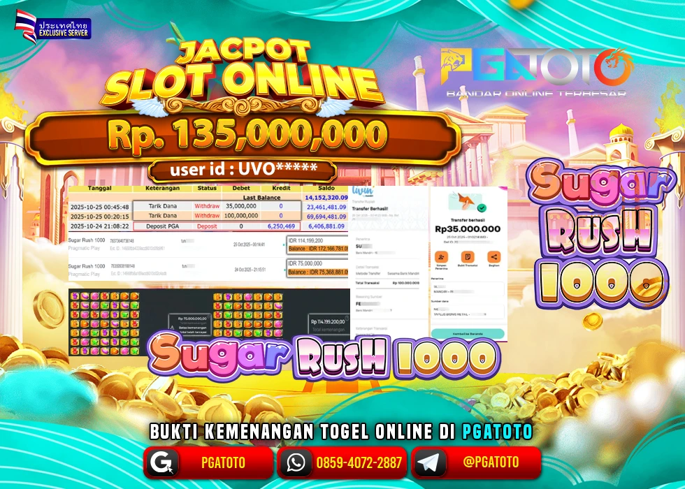 PGATOTO JACKPOT SLOT SUGAR RUSH 1000 BOSKU Rp.135.000.000,- LUNAS