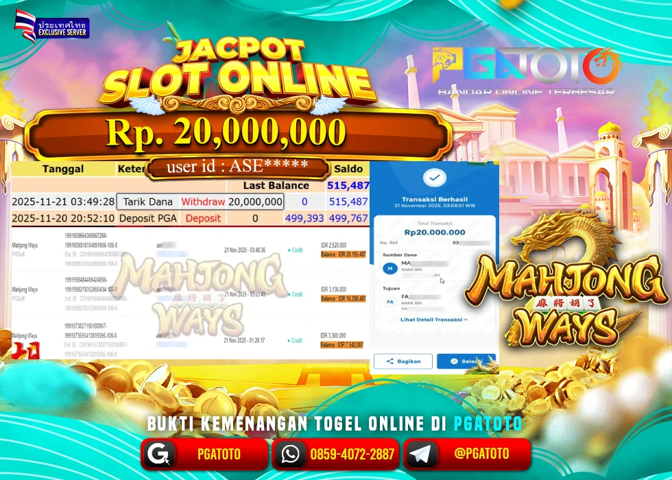 PGATOTO JACKPOT SLOT MAHJONG WAYS BOSKU Rp.20.000.000,- LUNAS