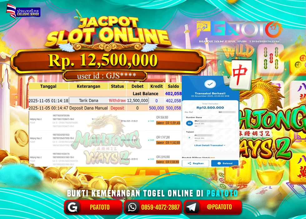 PGATOTO JACKPOT SLOT MAHJONG WAYS 2 BOSKU Rp.12.500.000,- LUNAS
