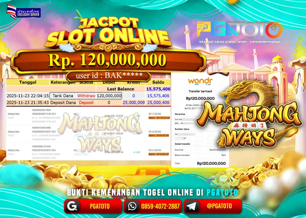 PGATOTO JACKPOT SLOT MAHJONG WAYS BOSKU Rp.120.000.000,- LUNAS