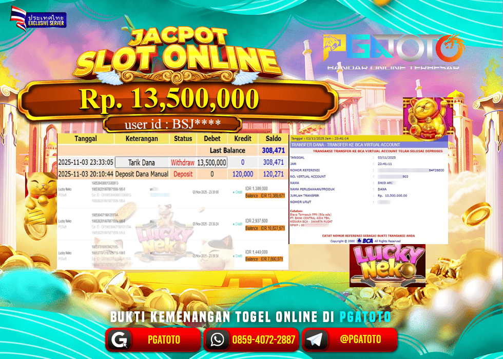 PGATOTO JACKPOT SLOT LUCKY NEKO BOSKU Rp.13.500.000,- LUNAS