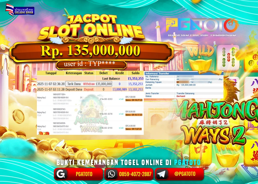 PGATOTO JACKPOT SLOT MAHJONG WAYS 2 BOSKU Rp.135.000.000,- LUNAS