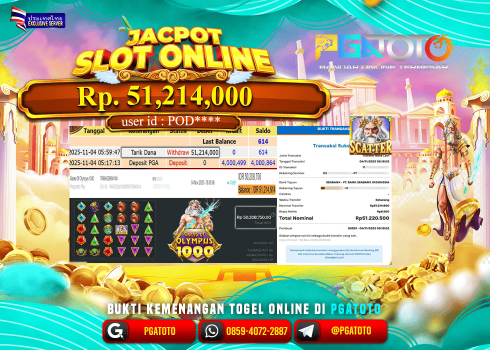 PGATOTO JACKPOT SLOT GATES OF OLYMPUS 1000 BOSKU Rp.51.214.000,- LUNAS