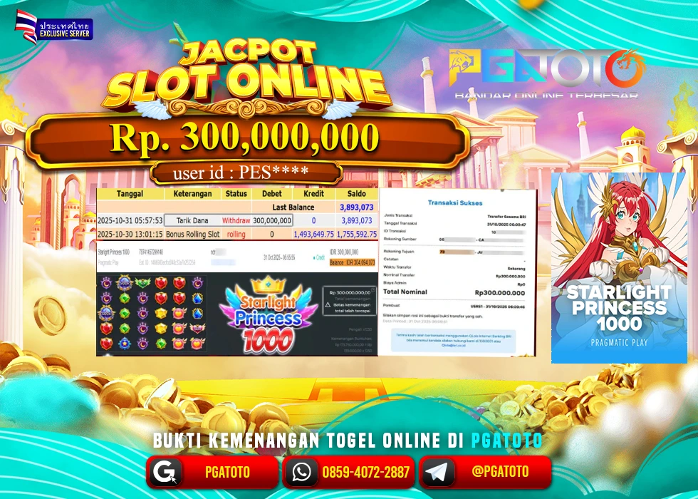 PGATOTO JACKPOT STARLIGHT PRINCESS 1000 Rp.300.000.000,- LUNAS