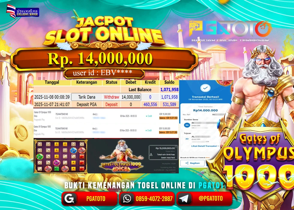 PGATOTO JACKPOT SLOT GATES OF OLYMPUS 1000 BOSKU Rp.14.000.000,- LUNAS