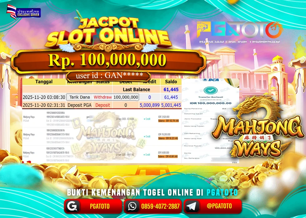 PGATOTO JACKPOT SLOT MAHJONG WAYS BOSKU Rp.100.000.000,- LUNAS