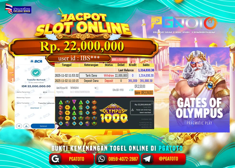 PGATOTO JACKPOT SLOT GATES OF OLYMPUS BOSKU Rp.22.000.000,- LUNAS