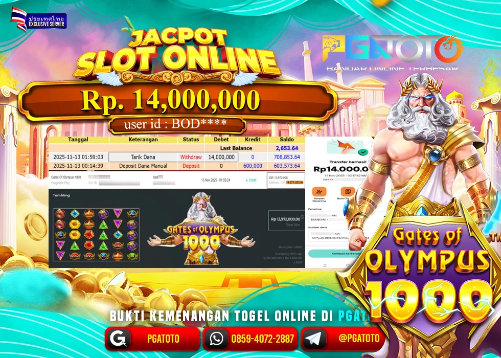 PGATOTO JACKPOT SLOT GATES OF OLYMPUS 1000 BOSKU Rp.14.000.000,- LUNAS