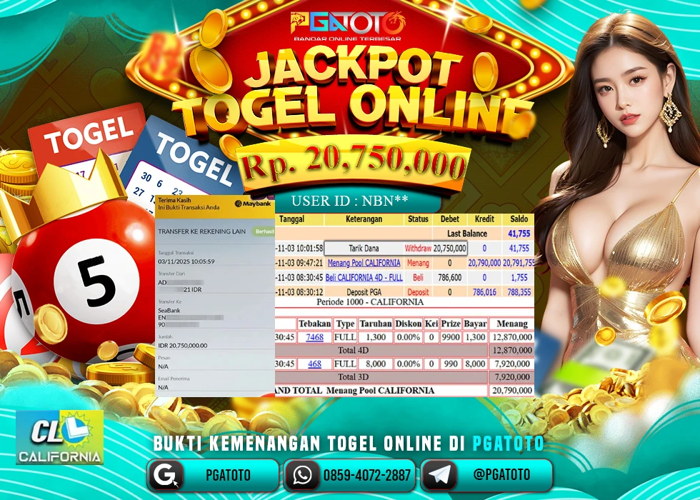 PGATOTO JACKPOT TOGEL CALIFORNIA BOSKU Rp.20.750.000,- LUNAS