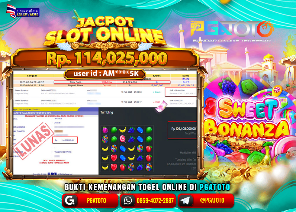 PGATOTO JACKPOT SLOT SWEET BONANZA PECAH  RP 114.025.000; LUNAS