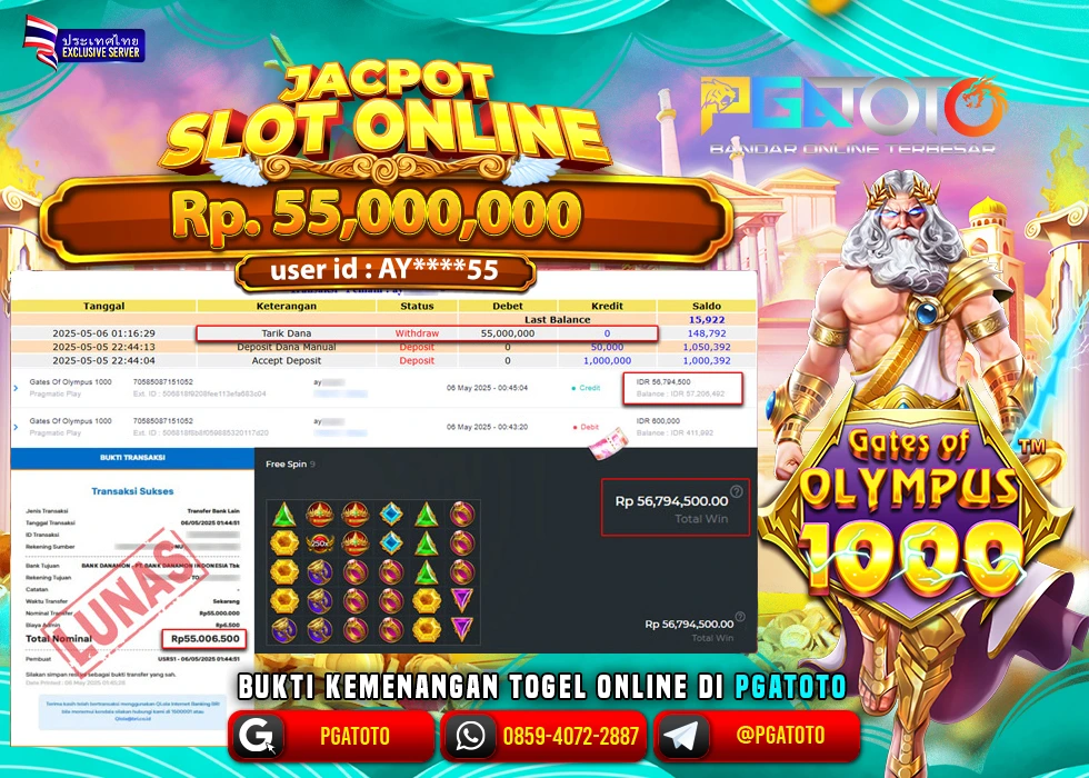 PGATOTO SLOT GATES OF OLYMPUS 1000 PECAH  RP 55.000.000; LUNAS
