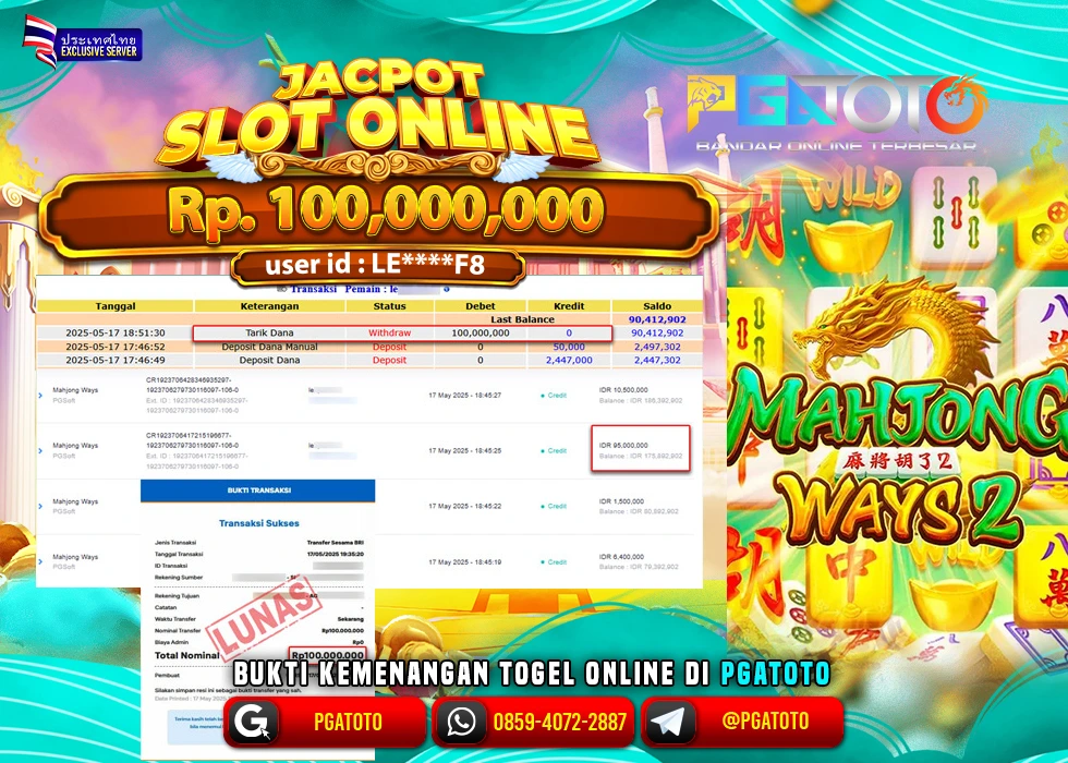 PGATOTO JACKPOT SLOT MAHJONG WAYS  Rp.100.000.000.,- LUNAS