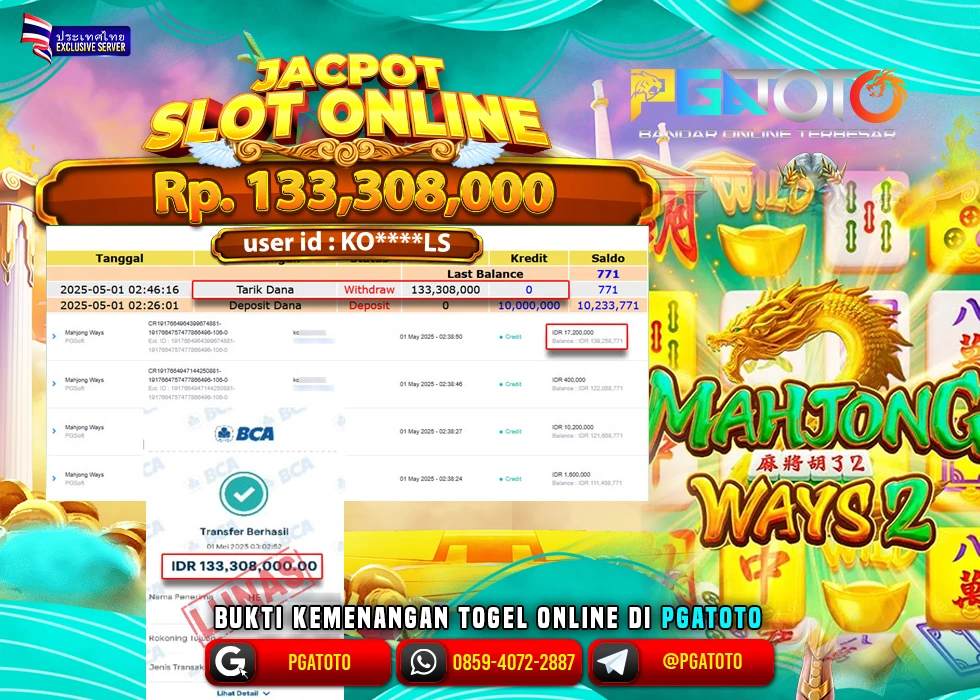 PGATOTO SLOT MAHJONG WAYS PECAH  RP 133.308.000; LUNAS