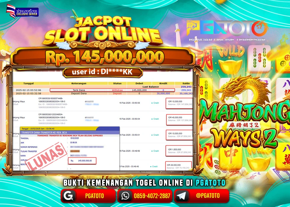 PGATOTO JACKPOT SLOT MAHJONG WINS 2 PECAH  RP 145.000.000; LUNAS
