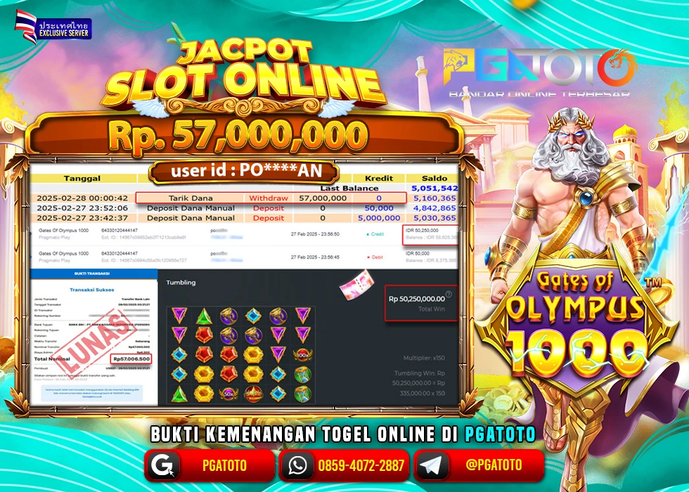 PGATOTO SLOT GATES OF OLYMPUS PECAH  RP 57.000.000; LUNAS