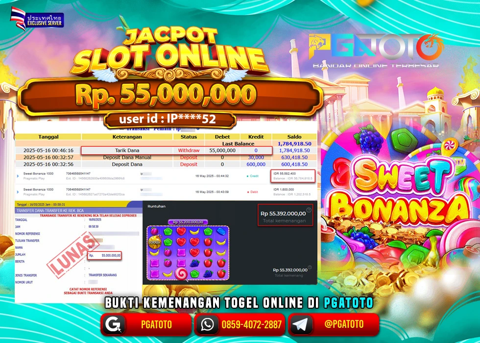 PGATOTO SLOT SWEET BONANZA PECAH  RP 55.000.000; LUNAS