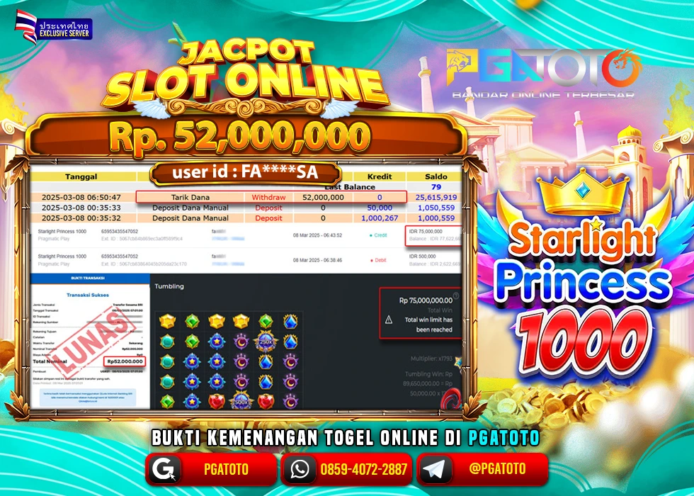 PGATOTO SLOT STARLIGHT PRINCESS 1000 PECAH  RP 52.000.000; LUNAS