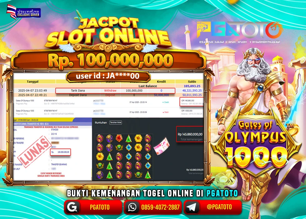 PGATOTO SLOT GATES OF OLYMPUS 1000 PECAH  RP 100.000.000; LUNAS