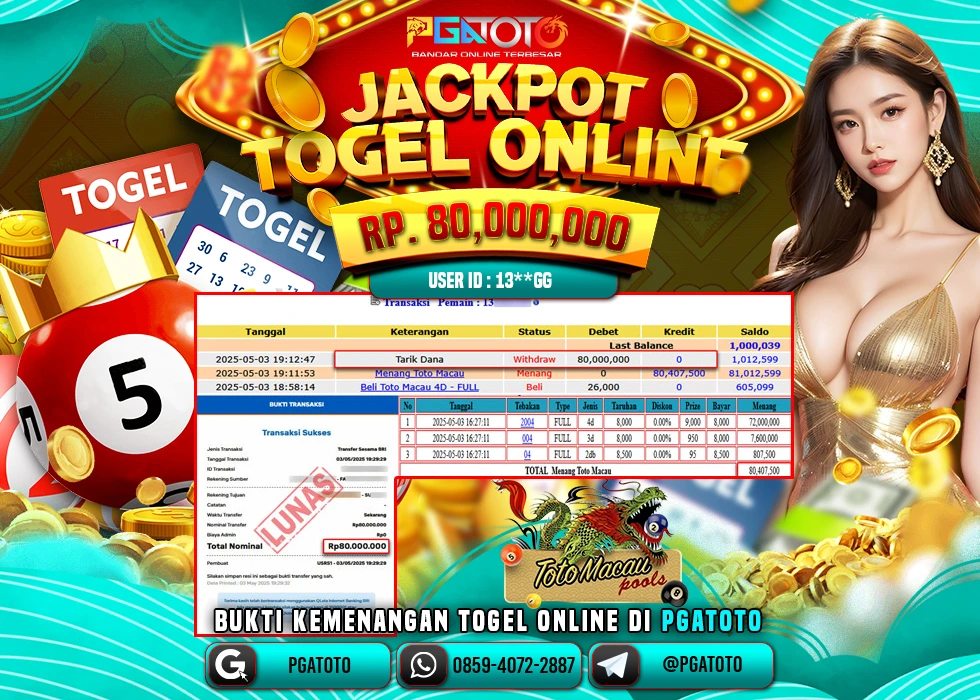 PGATOTO TOGEL TOTO MACAU PECAH  RP 80.000.000; LUNAS