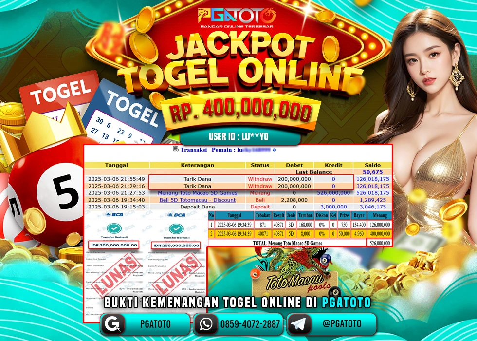PGATOTO TOGEL TOTO MACAU 5D PECAH  RP 400.000.000; LUNAS