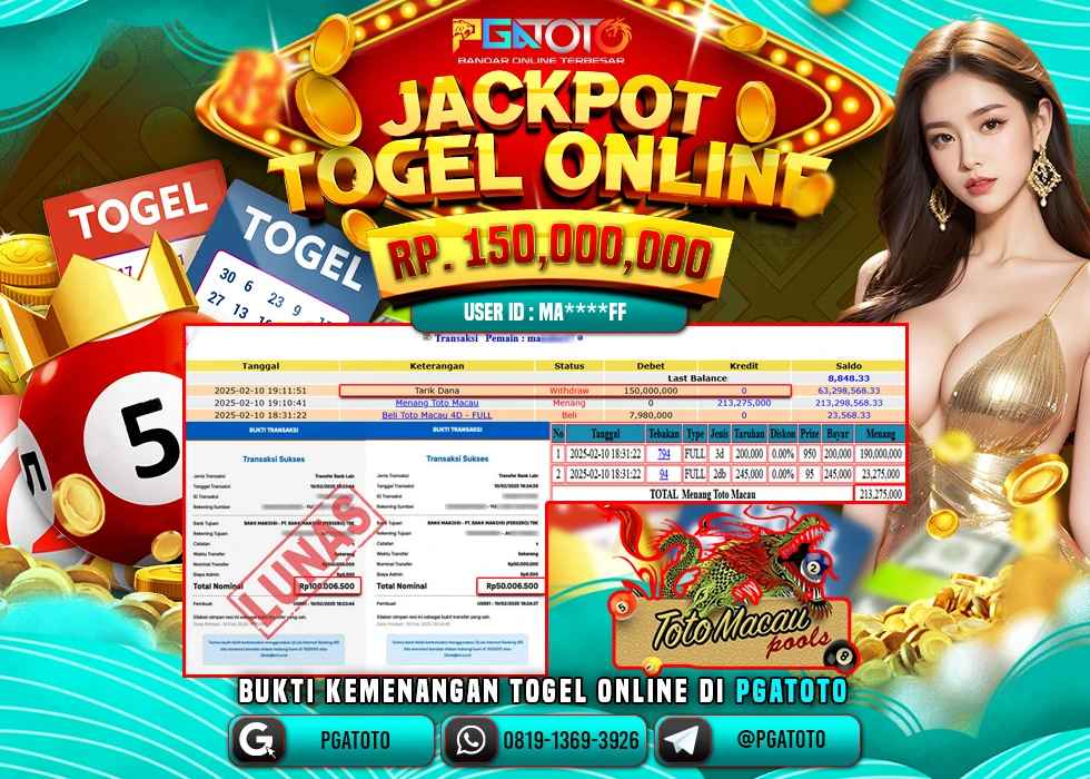 PGATOTO TOGEL TOTO MACAU PECAH  RP 150.000.000; LUNAS
