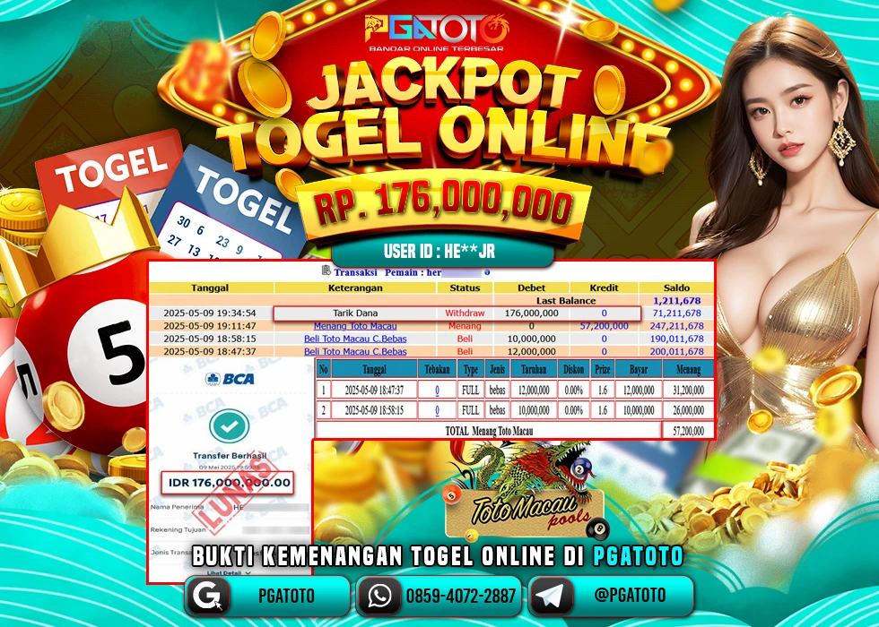 PGATOTO TOGEL TOTO MACAU PECAH  RP 176.000.000; LUNAS