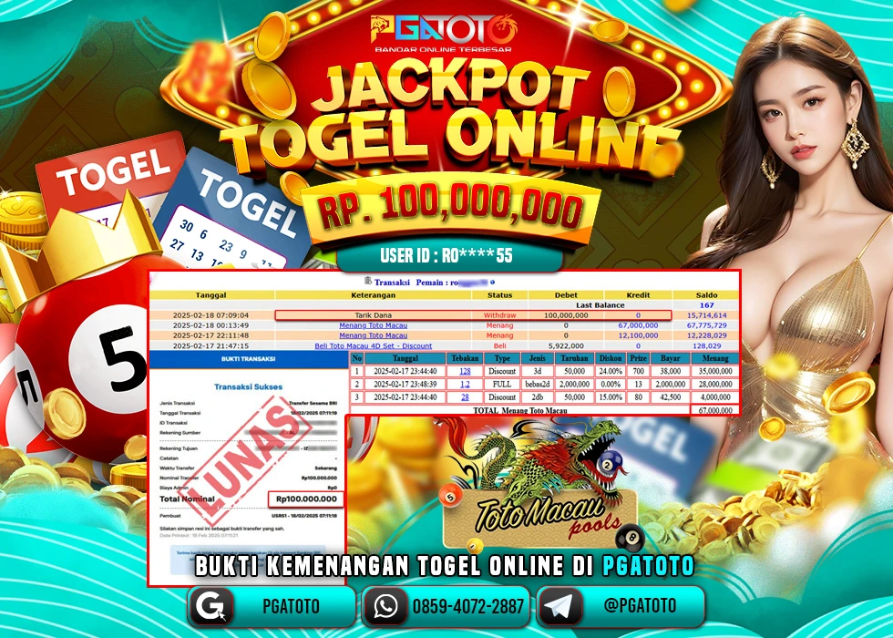 PGATOTO TOGEL TOTO MACAU PECAH  RP 100.000.000; LUNAS