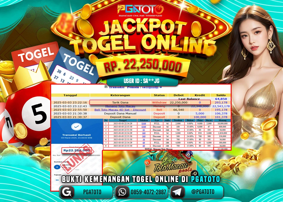 PGATOTO TOGEL TOTO MACAU PECAH  RP 22.250.000; LUNAS