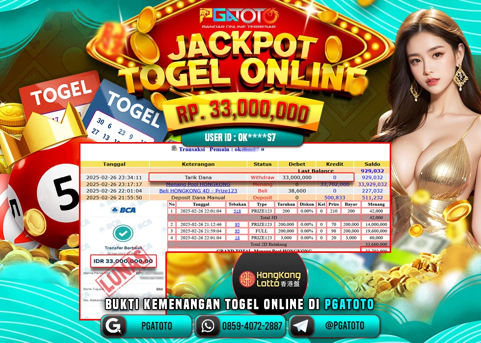 PGATOTO TOGEL HONKONG LOTTO PECAH  RP 33.000.000; LUNAS