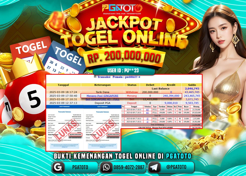 PGATOTO TOGEL SINGAPORE PECAH  RP 200.000.000; LUNAS