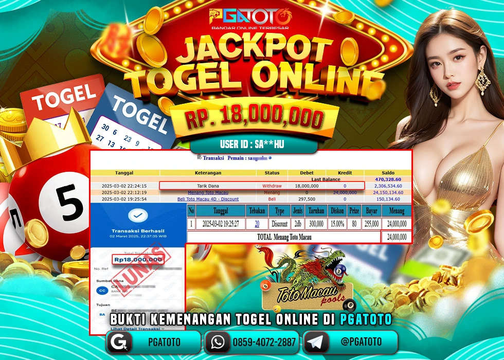 PGATOTO TOGEL TOTO MACAU PECAH  RP 18.000.000; LUNAS
