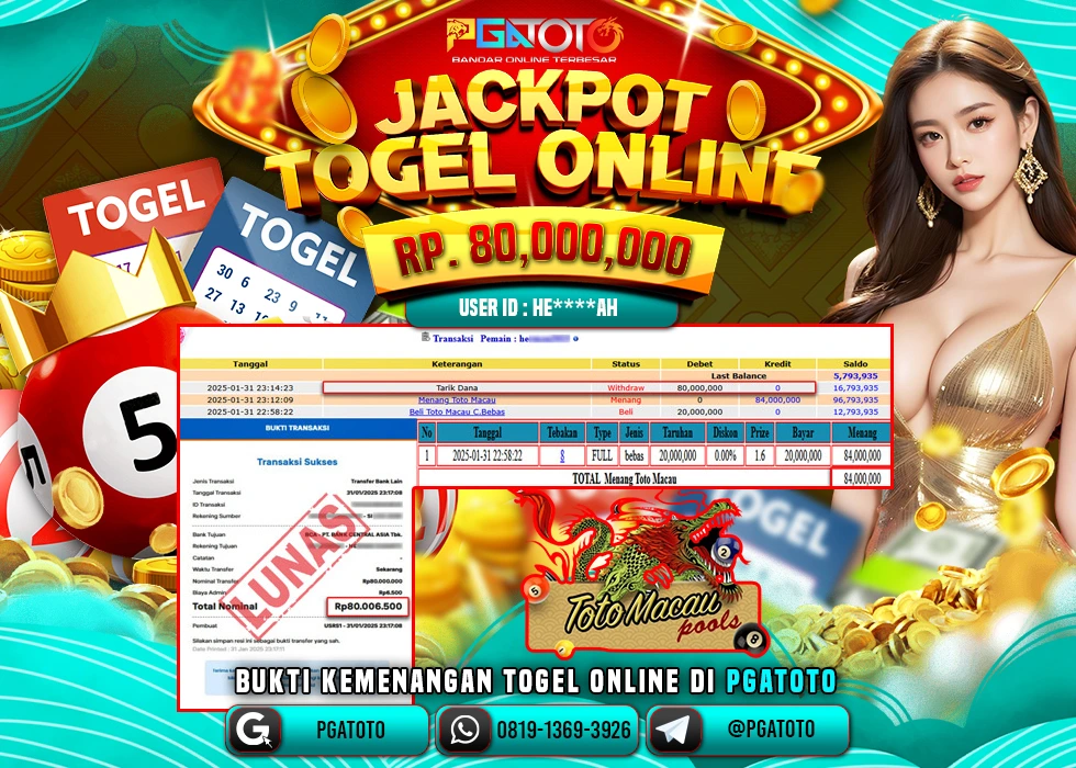 PGATOTO SELAMAT JACKPOT TOGEL TOTO MACAU  RP 80.000.000; LUNAS