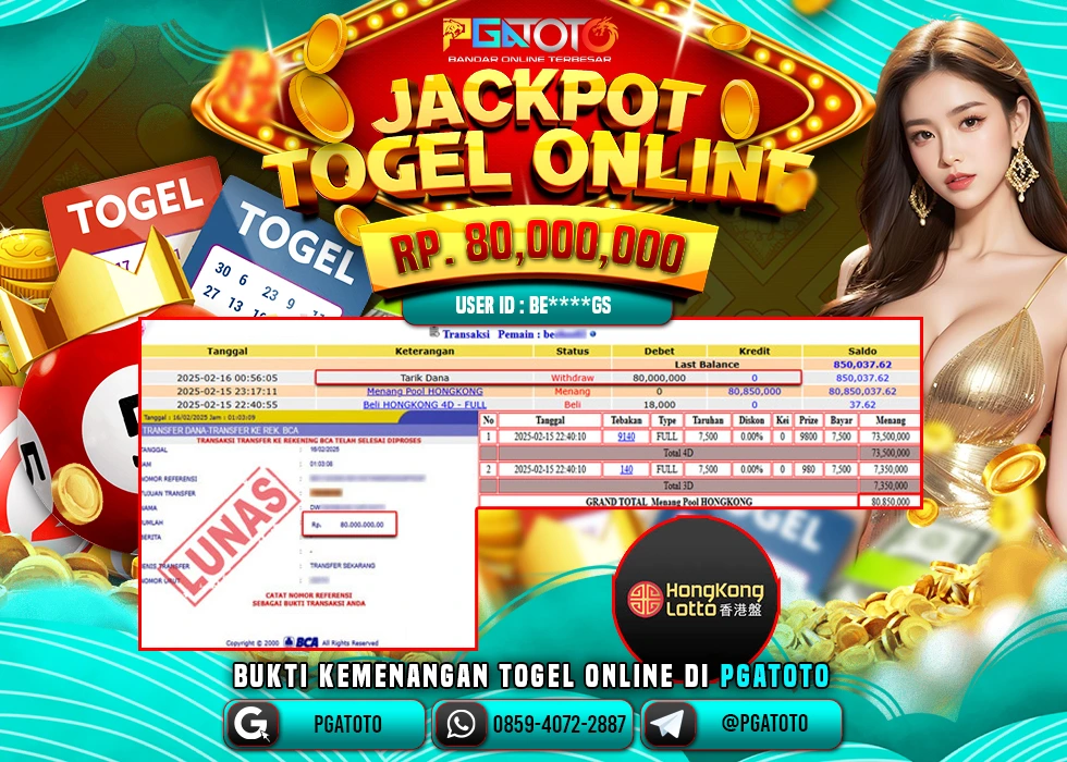 PGATOTO JACKPOT TOGEL HONGKONG LOTTO PECAH  RP 80.000.000; LUNAS