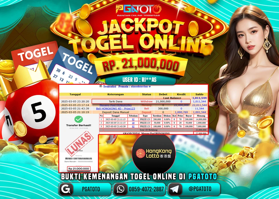 PGATOTO TOGEL TOTO HONGKONG LOTTO PECAH  RP 21.000.000; LUNAS