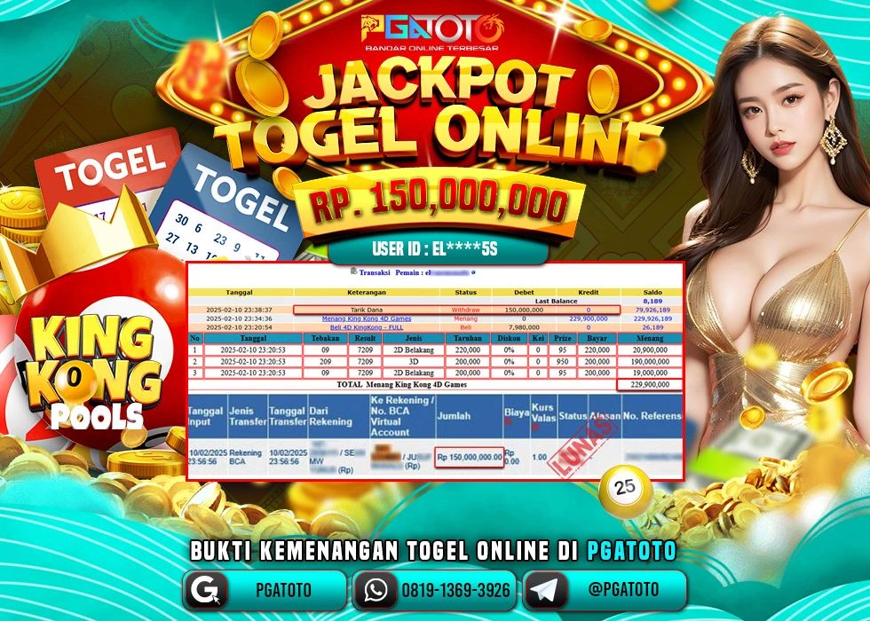 PGATOTO TOGEL KINGKONG POOLS PECAH  RP 150.000.000; LUNAS