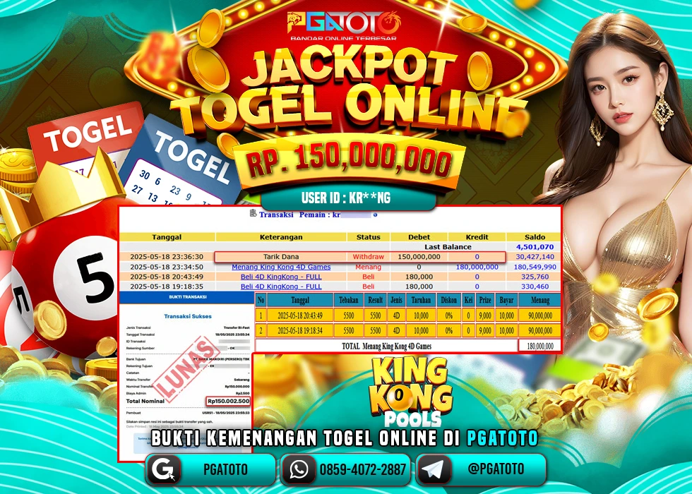 PGATOTO MENANG JACKPOT TOGEL TOTO KINGKONG POOLS Rp.150.000.000.,- LUNAS