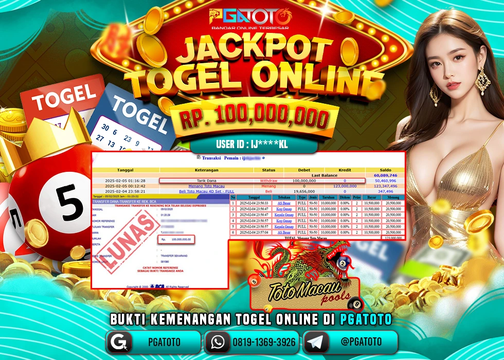 PGATOTO TOGEL TOTO MACAU PECAH  RP 100.000.000; LUNAS