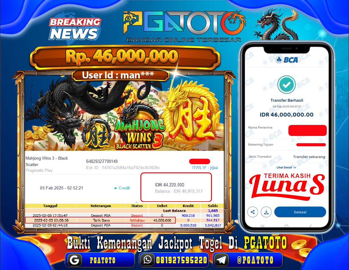 PGATOTO SELAMAT JACKPOT SLOT MAHJONG WINS 3 SCATTER HITAM  RP 46.000.000; LUNAS