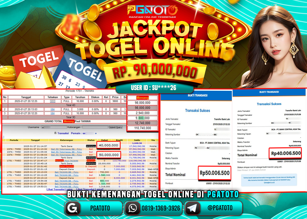 PGATOTO SELAMAT JACKPOT TOGEL TAIWAN POOLS  RP 90.000.000; LUNAS