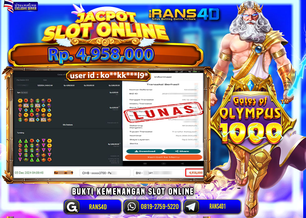RANS4D JACKPOT SLOT GAME GATES OF OLYMPUS Rp 4.958.000,- LUNAS