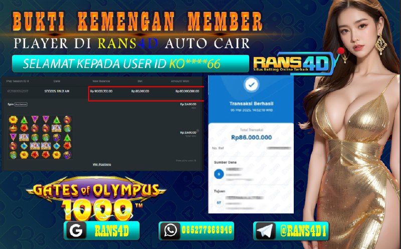 RANS4D SELAMAT JACKPOT SLOT  GAME OLYMPUS RP 86.000.000; LUNAS