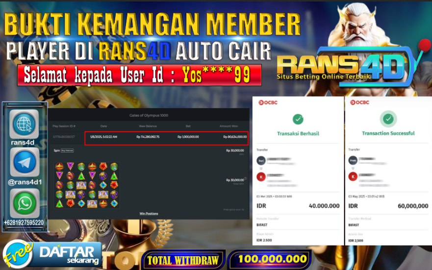 RANS4D SELAMAT JACKPOT SLOT  GAME OLYMPUS RP 100.000.000; LUNAS