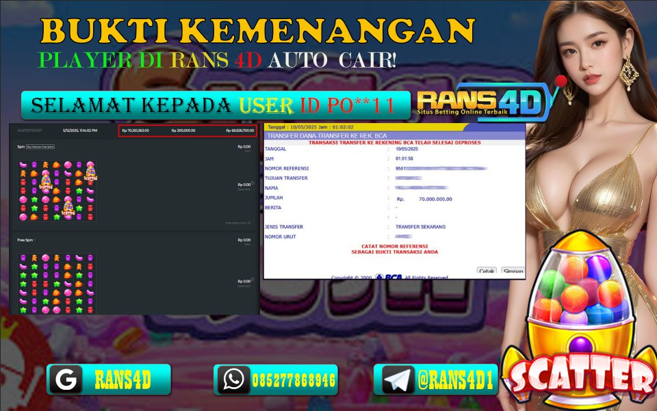 RANS4D SELAMAT JACKPOT SLOT  GAME SUGAR RUSH RP 70.000.000; LUNAS