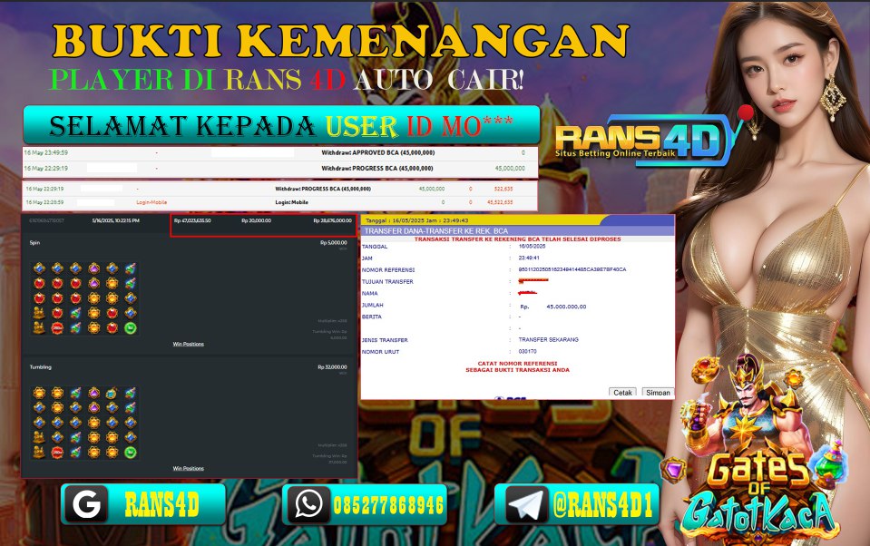RANS4D SELAMAT JACKPOT SLOT  GAME GATOT KACA RP 45.000.000; LUNAS