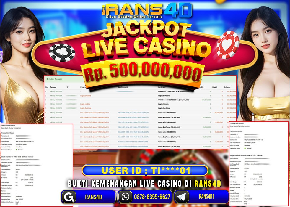 RANS4D SELAMAT JACKPOT LIVE GAMES CASINO  RP 500,000,000; LUNAS