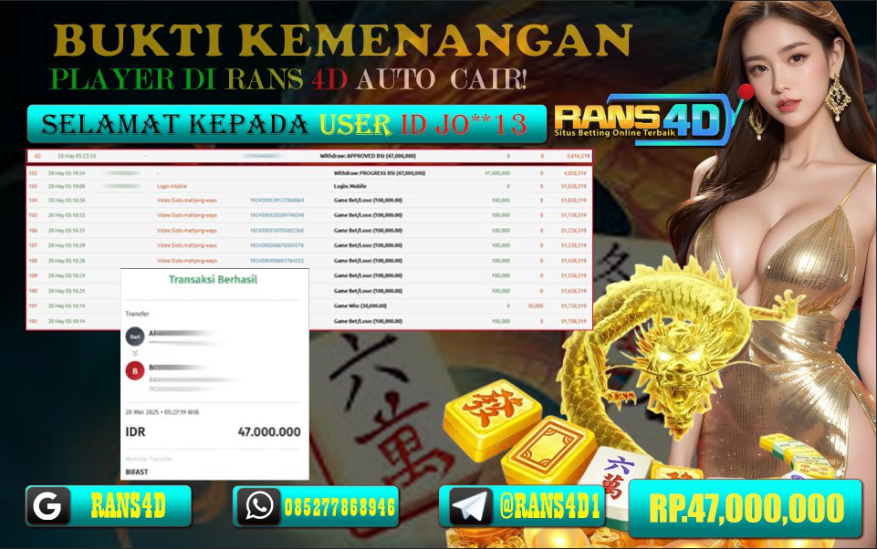 RANS4D SELAMAT JACKPOT SLOT MAHJONG WAYS 2  RP 47,000,000; LUNAS