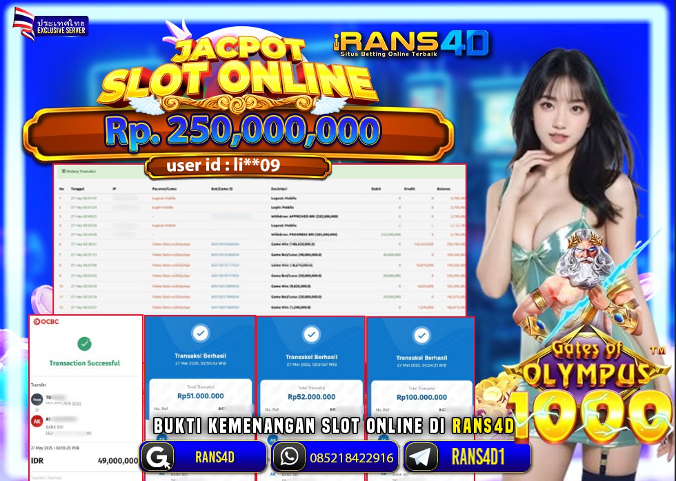 RANS4D SELAMAT JACKPOT SLOT OLYPUS 1000 RP 250,000,000; LUNAS