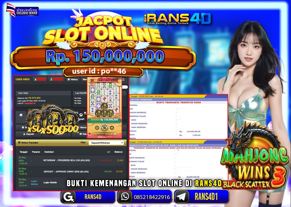 RANS4D SELAMAT JACKPOT SLOT MAHJONG WINS 2 RP 150,000,000; LUNAS