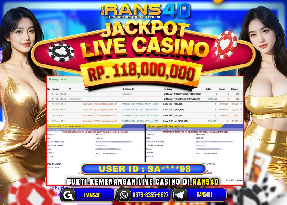 RANS4D SELAMAT LIVE CASINO BLACKJACK  RP 118.000.000; LUNAS