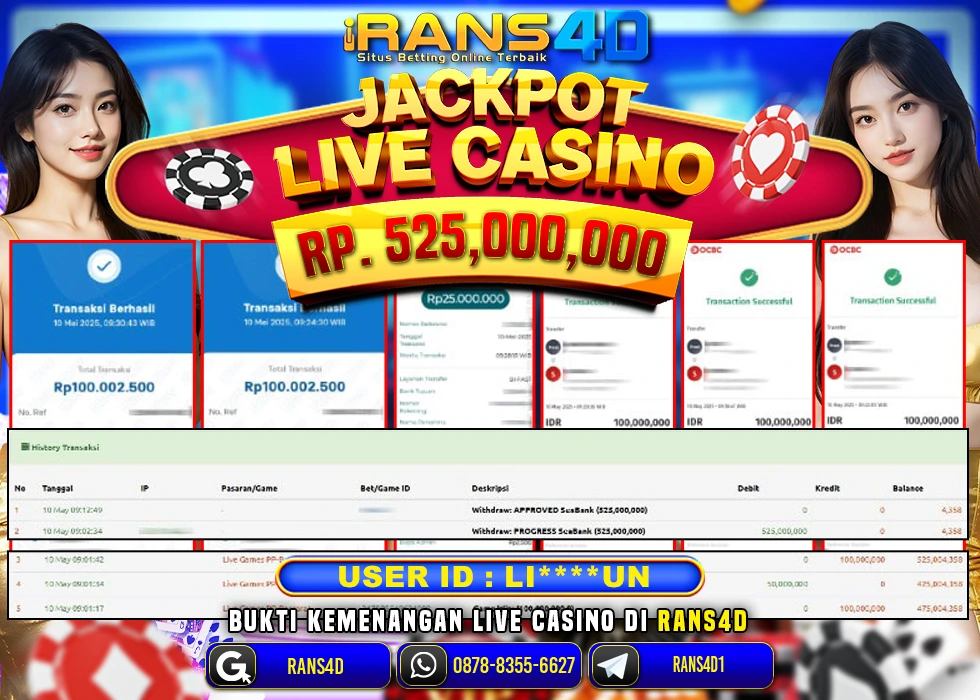 RANS4D SELAMAT JACKPOT LIVE CASINO BACCARAT RP 525.000.000; LUNAS